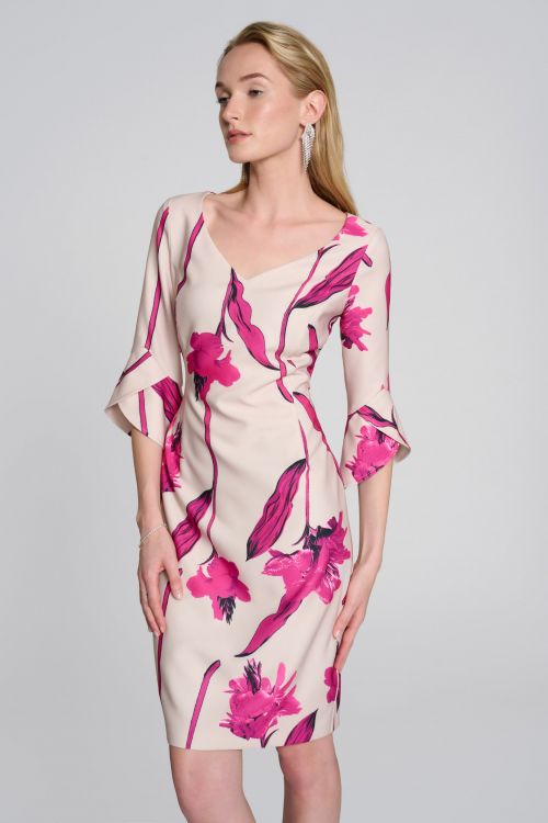 Joseph Ribkoff Light Sand/Pink Floral Print Sheath Dress Style 242733