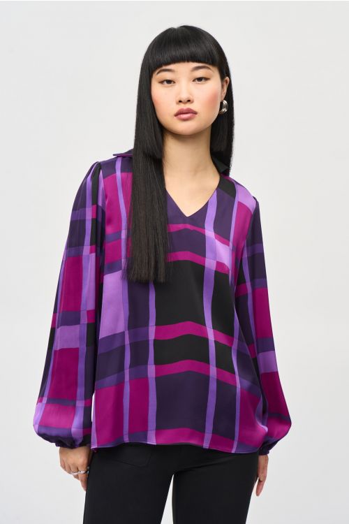 Joseph Ribkoff Purple/Black Abstract Plaid Print Top Style 243058