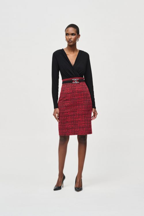 Joseph Ribkoff Black/Red Jacquard Knit Plaid Sheath Dress Style 243060