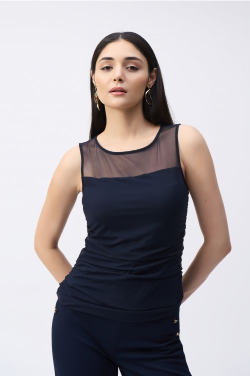 Joseph Ribkoff Midnight Blue Mesh Sleeveless Fitted Top Style 243104