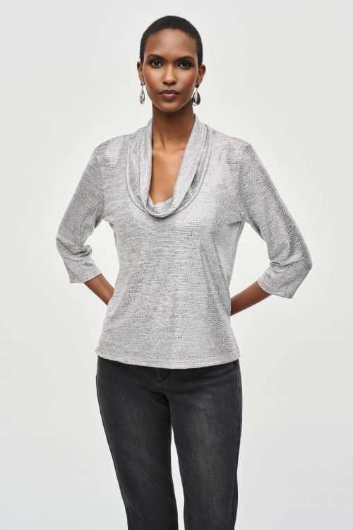 Joseph Ribkoff Grey/Silver Foiled Knit Cowl Collar Top Style 243167