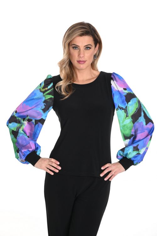 Frank Lyman Black/Blue Top with Abstract Print Puffy Sleeves Style 243239