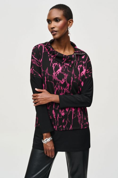 Joseph Ribkoff Black/Pink Cowl Neck Boxy Top Style 243247