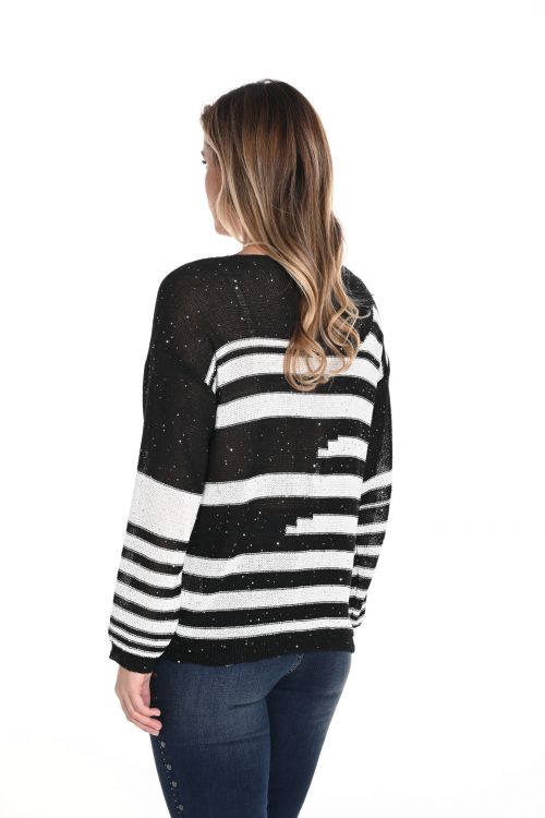 Frank Lyman Black/Off-White Stripe Sweater with Sequins Style 243421U