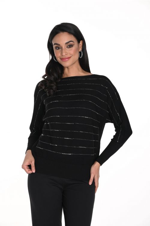 Frank Lyman Black/Gunmetal Boat Neck Striped Sweater Style 243437U