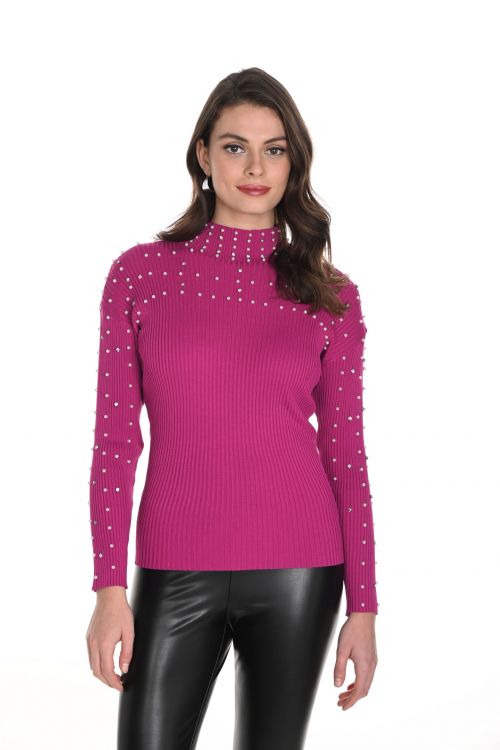 Frank Lyman Fuchsia Knit Sweater Top with White Pearls Style 243499U