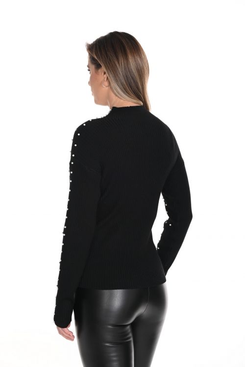 Frank Lyman Black Knit Sweater Top with White Pearls Style 243499U