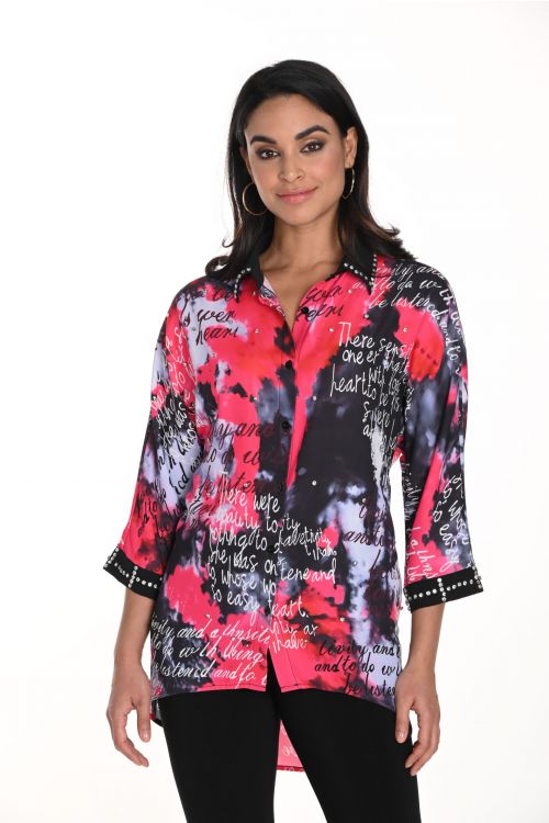 Frank Lyman Pink/Black Ombré Text Print Blouse Style 243524U