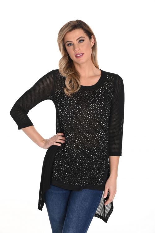 Frank Lyman Black Knit Mesh High-Low Top with Rhinestones Style 243527U