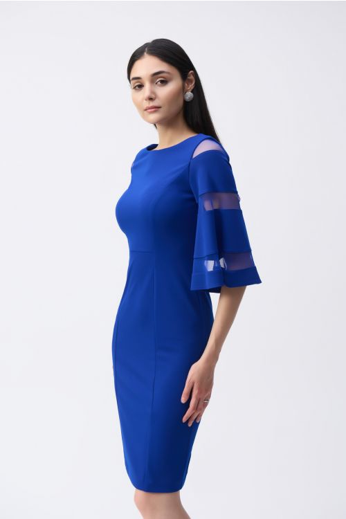 Joseph Ribkoff Royal Sapphire Bell Sleeve Sheath Dress with Mesh Inserts Style 243733