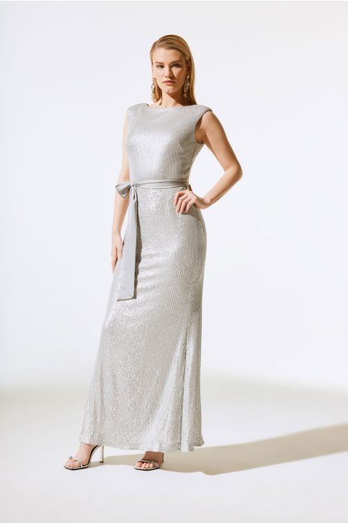 Joseph Ribkoff Matte Silver Sequined Gown With Satin Sash Style 243775