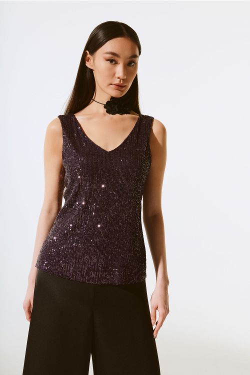 Joseph Ribkoff Blackcurrant Sequined Sleeveless Fitted Top Style 243789