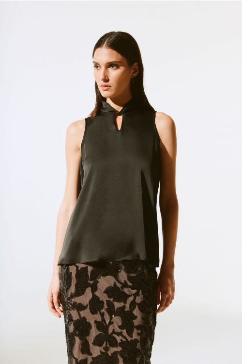 Joseph Ribkoff Black Satin Sleeveless Keyhole Top Style 243792