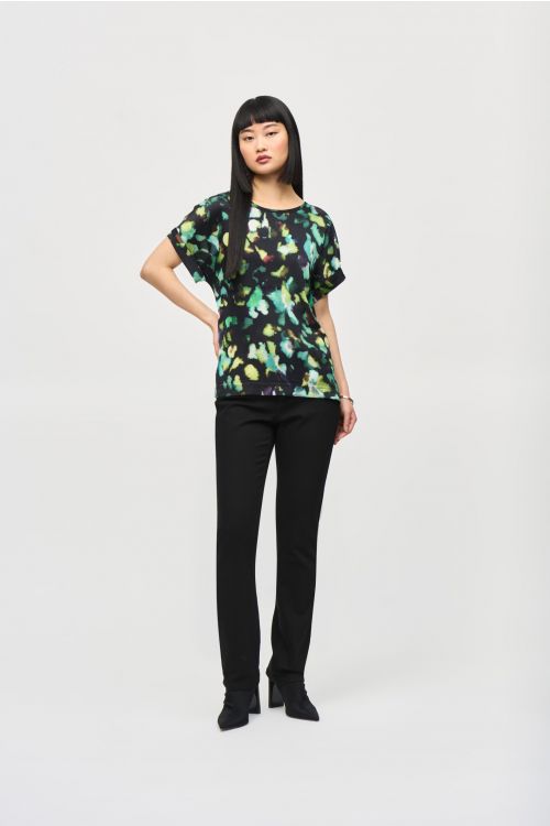 Joseph Ribkoff Black/Multi Abstract Print Short Sleeve Top Style 243938