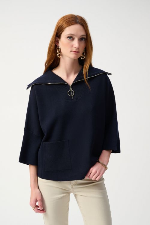 Joseph Ribkoff Midnight Blue Jacquard Zipped Collar Sweater Style 243954