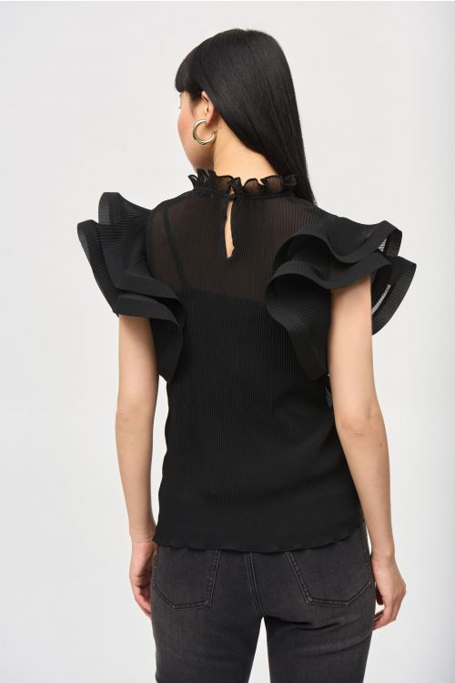 Joseph Ribkoff Black Chiffon Pleated Top With Ruffled Sleeves Style 243957