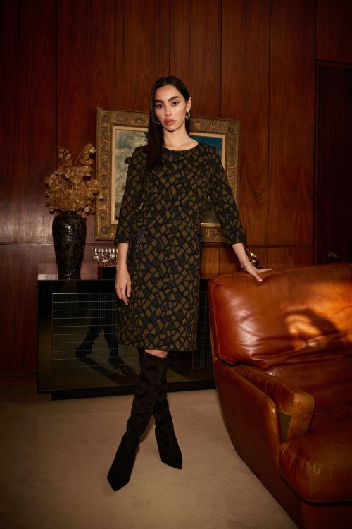 Joseph Ribkoff Olive/Black Jacquard Knit Straight Dress Style 244039