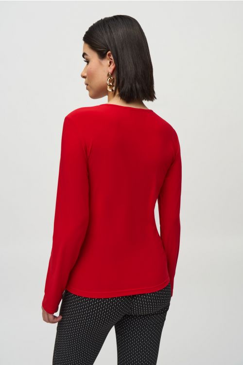 Joseph Ribkoff Lipstick Red Silky Knit and Mesh Fitted Top Style 244066