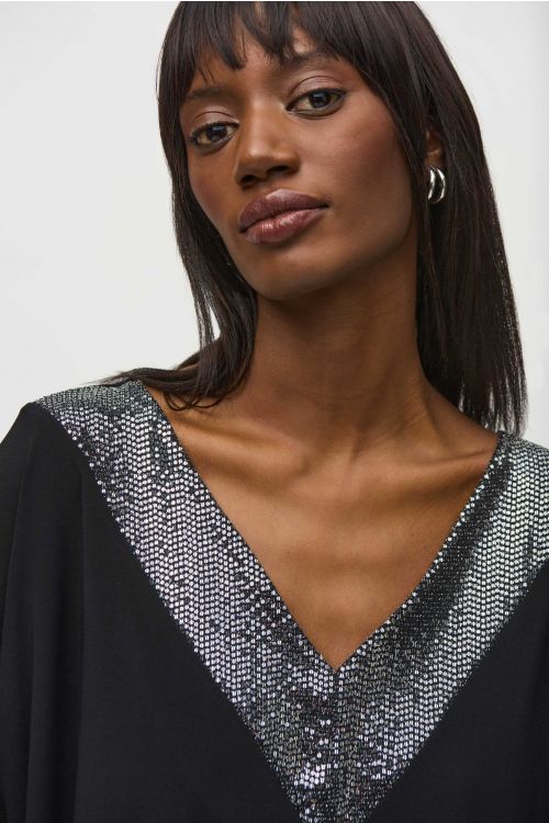 Joseph Ribkoff Black/Silver Boxy Top with Sequins Detail Style 244200