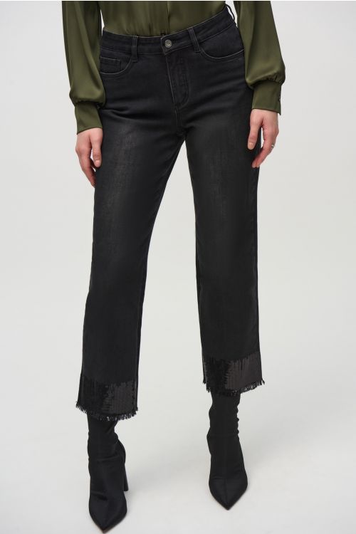 Joseph Ribkoff Black Straight Crop Denim Pants with Sequin Trim Style 244948