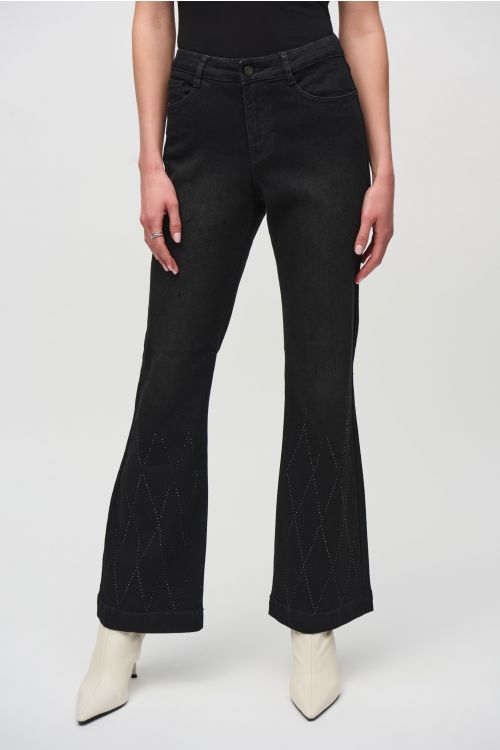 Joseph Ribkoff Classic Flared Black Denim Pants with Rhinestone Detail Style 244949