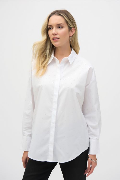 Joseph Ribkoff White Stretch Cotton Blouse With Rhinestones Style 244950