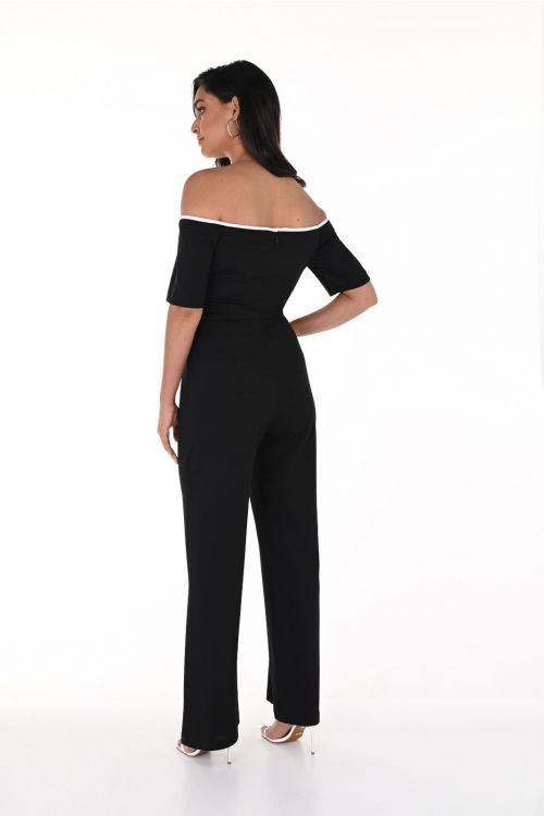 Frank Lyman Black/Off-White Open Shoulder Jumpsuit Style 246120