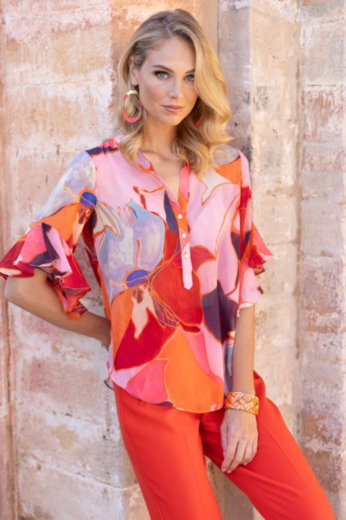 Frank Lyman Orange/Pink Abstract Print Top Style 246140