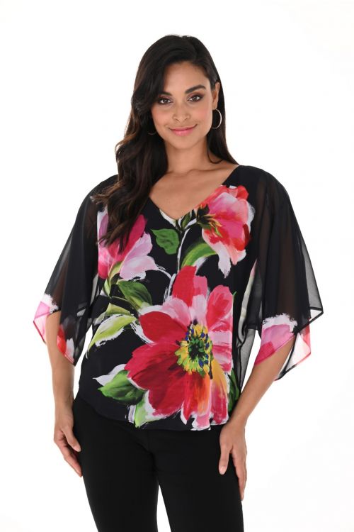 Frank Lyman Black/Fuchsia Floral Print Chiffon Top Style 246186