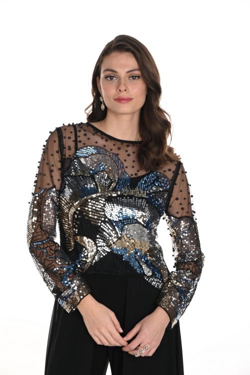 Frank Lyman Black/Blue Top with Pearls and Sequins Style 249414U