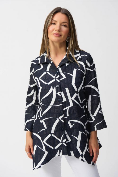 Joseph Ribkoff Midnight Blue/Vanilla Jacquard Abstract Print Handkerchief Jacket Style 251021.