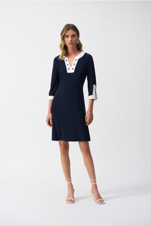 Joseph Ribkoff Midnight Blue/Vanilla Block A-Line Dress Style 251046