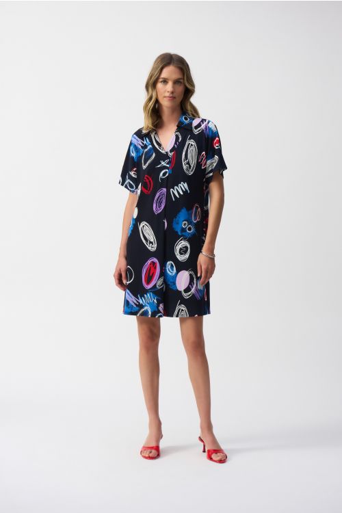 Joseph Ribkoff Midnight Blue/Multi Abstract Print A-Line Dress Style 251111