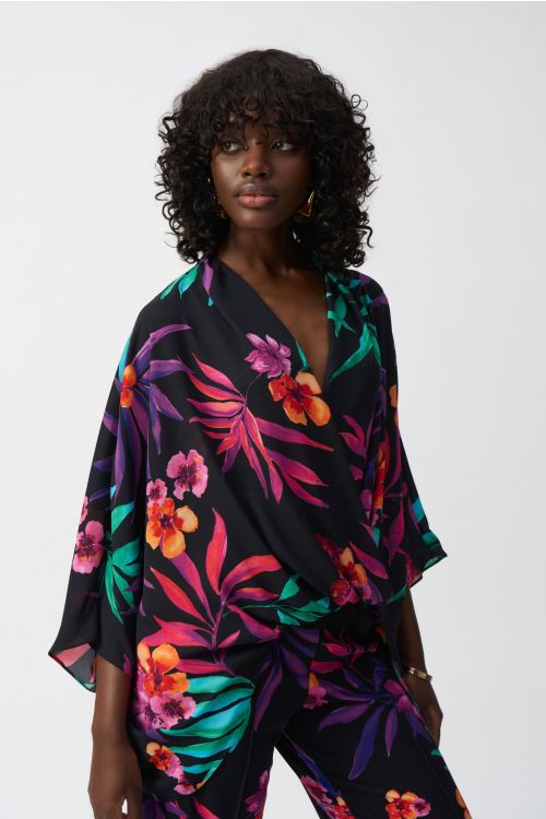 Joseph Ribkoff Black/Multi Georgette Tropical Print Wrap Top Style 251127