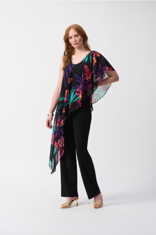 Joseph Ribkoff Black/Multi Silky Knit Jumpsuit With Tropical Chiffon Overlay Style 251152.