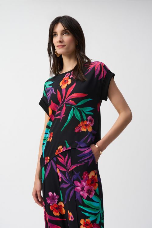 Joseph Ribkoff Black/Multi Tropical Print Boxy Top Style 251214