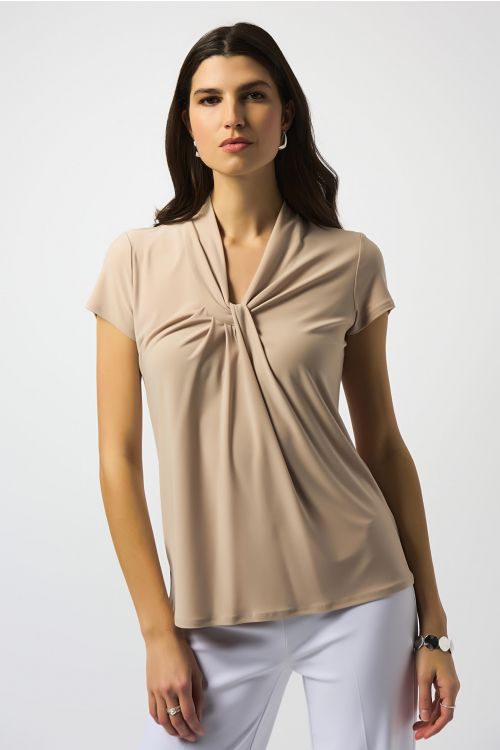 Joseph Ribkoff Parchment Silky Knit Draped Neckline Straight Top Style 251230