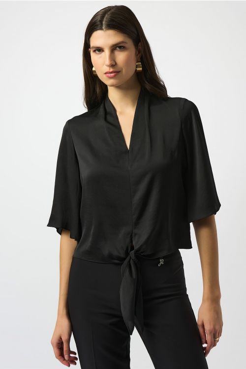 Joseph Ribkoff Black Satin V-Neck Top with Front Tie Style 251253