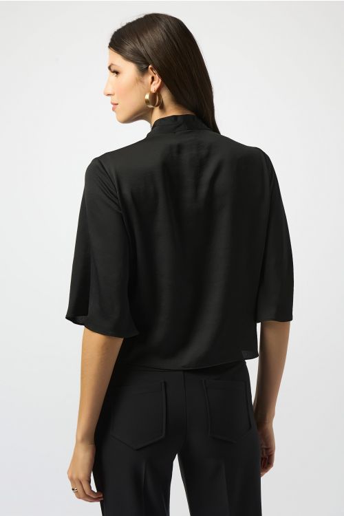 Joseph Ribkoff Black Satin V-Neck Top with Front Tie Style 251253