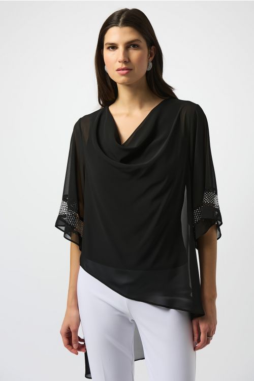 Joseph Ribkoff Black Chiffon Asymmetrical Layered Top Style 251740