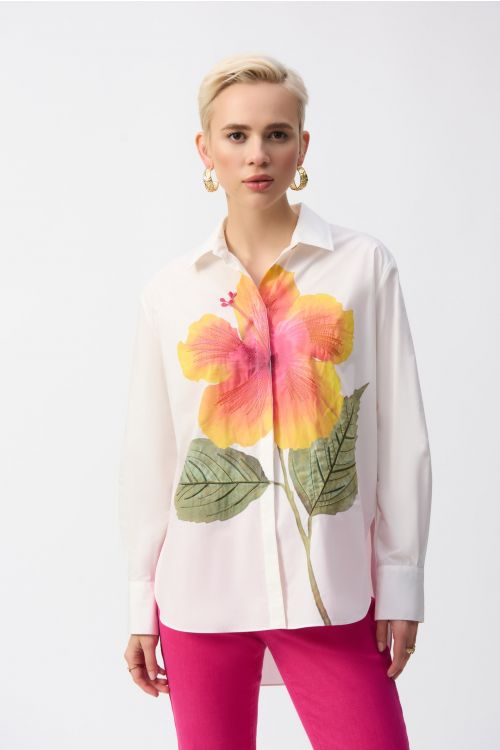 Joseph Ribkoff Vanilla/Multi Embroidered Flower Cotton Shirt Style 251938