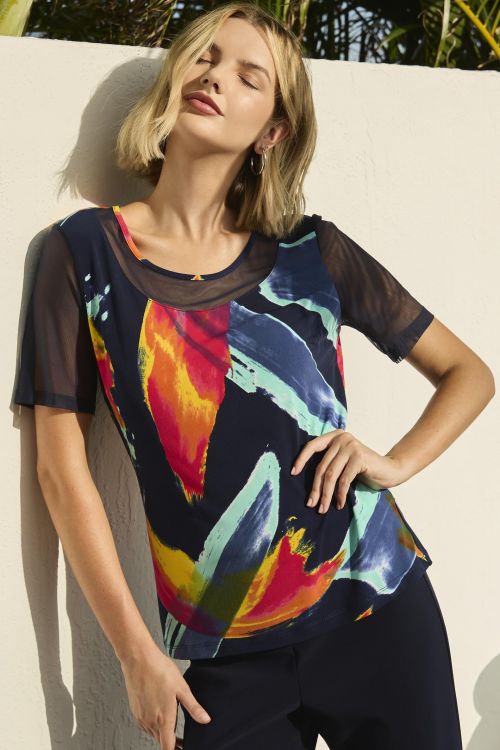 Frank Lyman  Navy/Pink Abstract Print Short Sleeve Top Style 256386