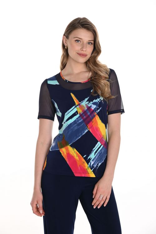 Frank Lyman  Navy/Pink Abstract Print Short Sleeve Top Style 256386